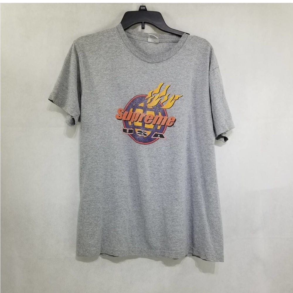 Supreme Fire USA T Shirt FW17 Heather Grey Medium Vintage Cracking Print